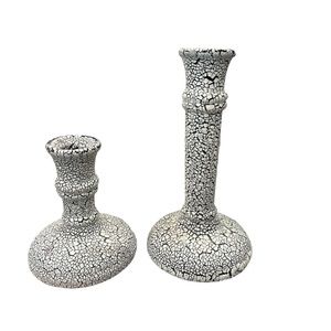 ROYAL HAEGER-BLACK & IVORY CRACKLE FINISH COLUMN CANDLE HOLDERS SET OF‎ 2